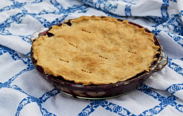 Homemade Blueberry Pie Blue White Table Cloth — Stock Photo, Image