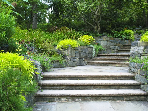 Marches Pierre Grise Dans Jardin Botanique Avec Des Fleurs Des — Photo