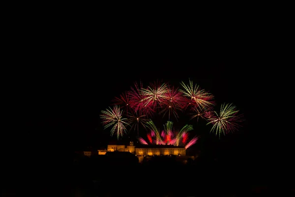 Huge and rich fireworks over the Brno Castle Spilberk, Czech Republic