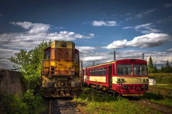 Old Diesel Locomotive Train Cemetery Summer Green Grass Trees Background — Stock Photo, Image
