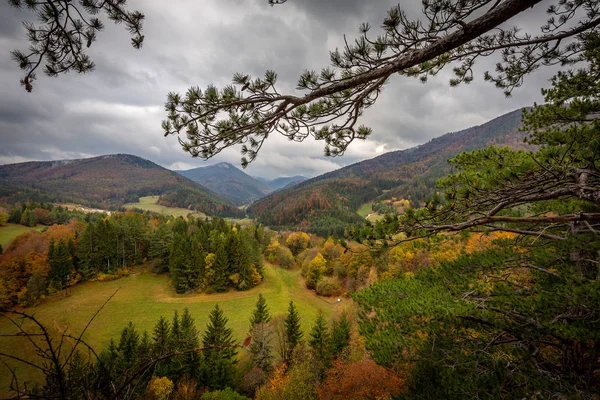 Vue Panoramique Sommet Hausstein Vallée Verte Muggendorf Avec Forêt Automne — Photo