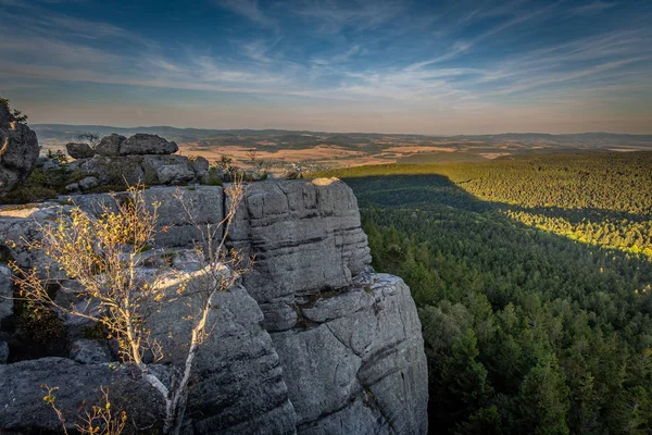 Vista Panorâmica Pôr Sol Penhasco Das Montanhas Mesa Szczeliniec Wielki — Fotografia de Stock