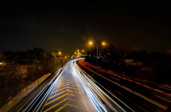 Het Licht Paden Van Auto Stad Uitzicht Vanaf Brug Brno — Stockfoto