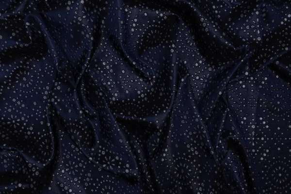 Zbliżenie Ciemnoniebieskie Tkaniny Ornamentami Brokatem — Zdjęcie stockowe