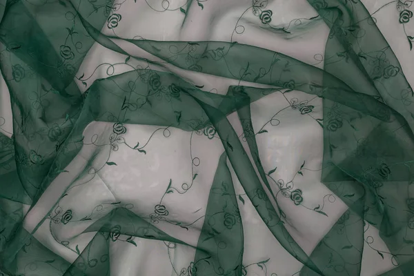 Luxe Close Van Groen Weefsel Met Bloemmotief Textuur Achtergrond — Stockfoto