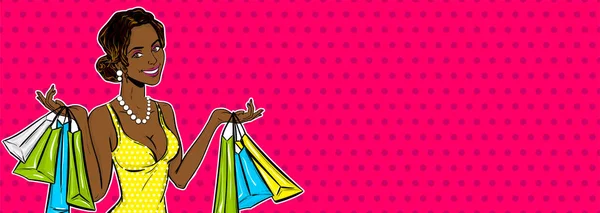 Pop arte menina venda saco de compras — Vetor de Stock