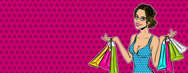 Pop arte chica venta bolsa de compras — Vector de stock