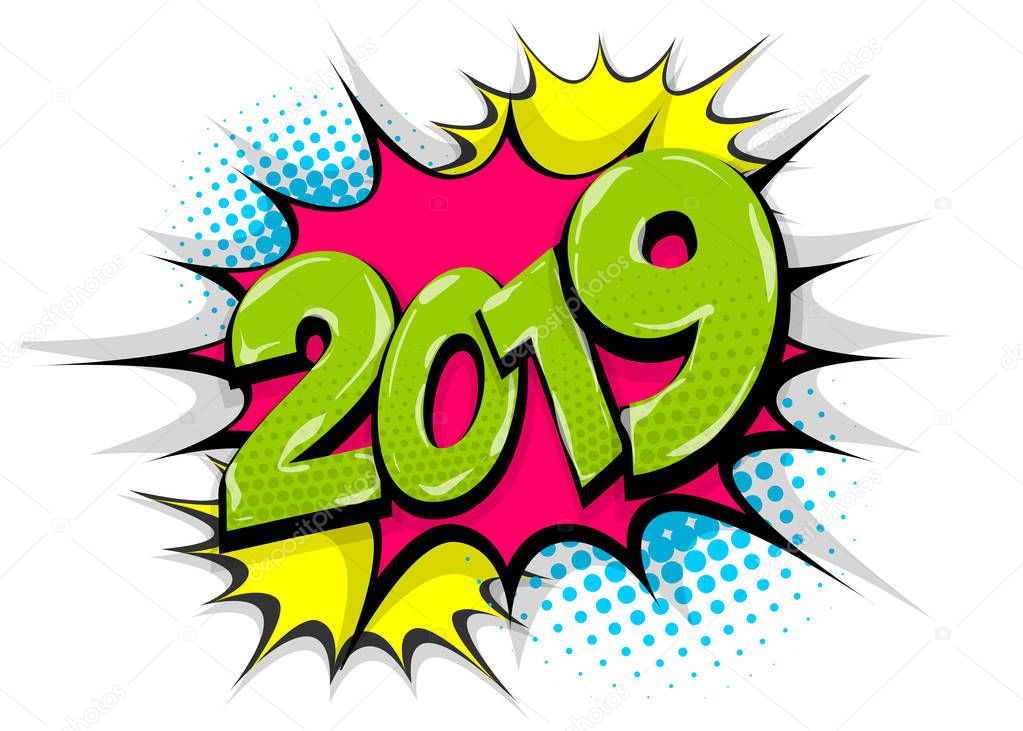 2019 year pop art comic book text speech bubble