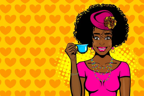 Πίνουν τσάι μαύρο Αφρο γυναίκα Ποπ Αρτ — Διανυσματικό Αρχείο