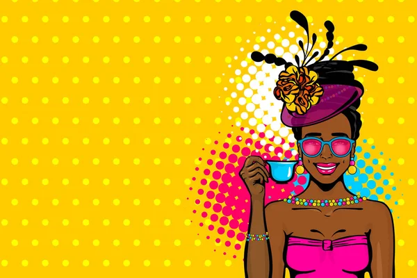 Negro afro mujer pop arte beber té — Vector de stock