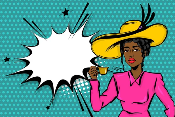 Afro noir femme pop art boisson thé — Image vectorielle