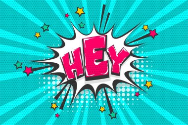 Hey Merhaba Merhaba tebrik, wow komik metin konuşma balonu. Renkli pop sanat tarzı ses efekti. Yarım ton vektör çizim afiş. Vintage çizgi roman kitap poster. Renkli komik bulut yazı tipi.