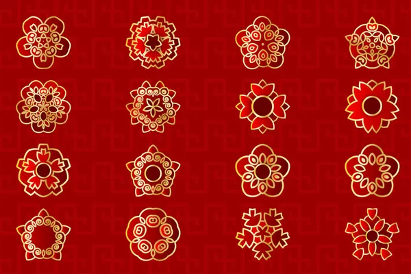 Азиатский Фарфор Японский Цветочный Набор Красный Стилизованный Бутон Сакуры Геометрический — стоковый вектор