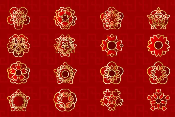 Conjunto Flores China Japonesa Asiática Hoja Dorada Geométrica Brote Sakura — Vector de stock