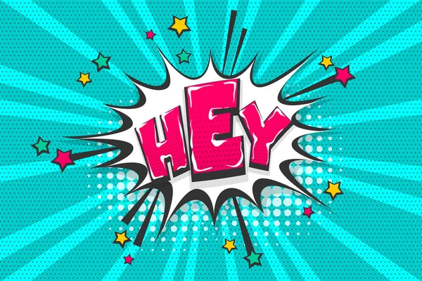 Hey Merhaba Merhaba tebrik, wow komik metin konuşma balonu. Renkli pop sanat tarzı ses efekti. Yarım ton vektör çizim afiş. Vintage çizgi roman kitap poster. Renkli komik bulut yazı tipi.