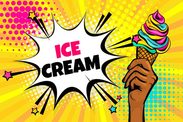 Negro Africano Americano Chica Mano Pop Arte Mujer Hold Helado — Vector de stock