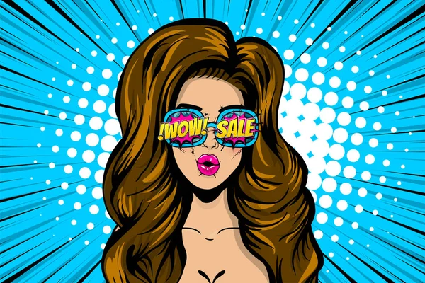 Wow face woman pop art sale advertise — Stock Vector