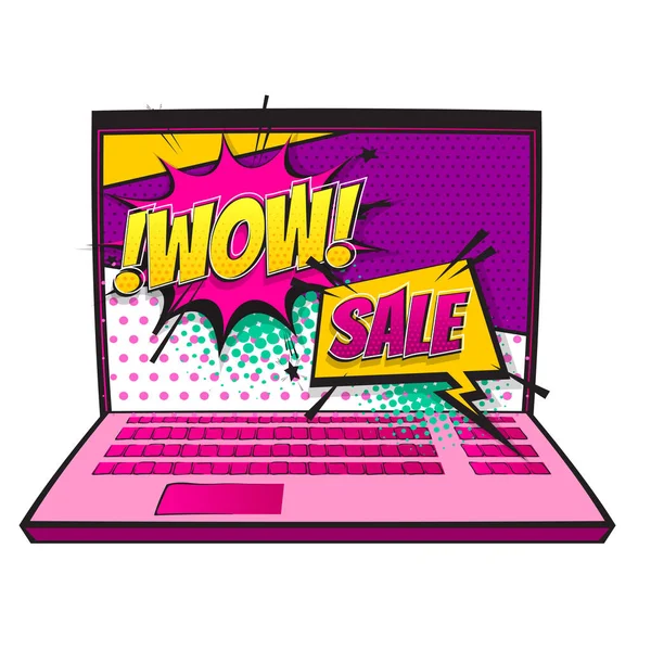 Comic book laptop wow sale discount pop art — Stock Vector