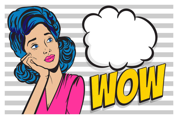 Blue hair woman pop art dream about summer