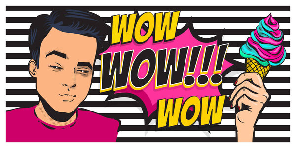 Pretty summer pop art man want ice cream