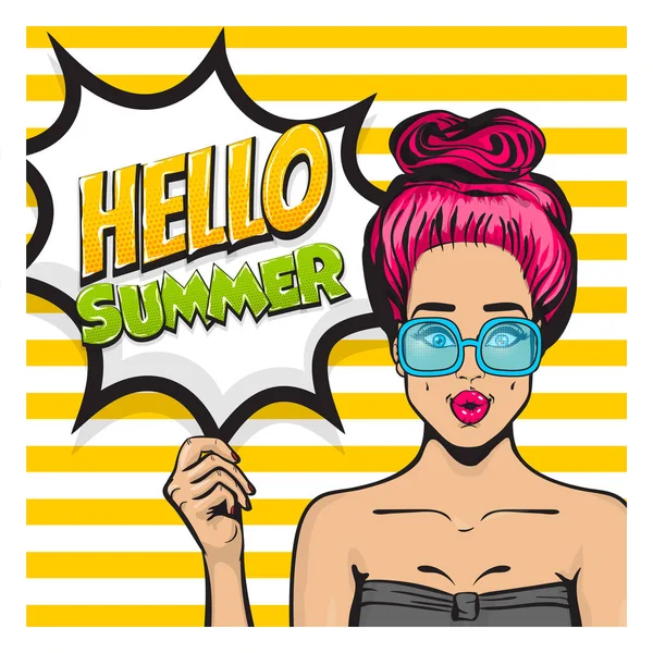 Summer time girl pop art banner vector — Stock Vector