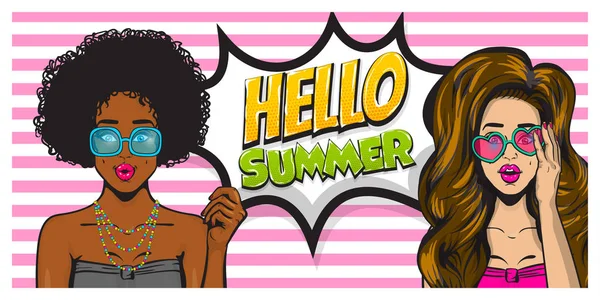 Verano tiempo chica pop arte banner vector — Vector de stock