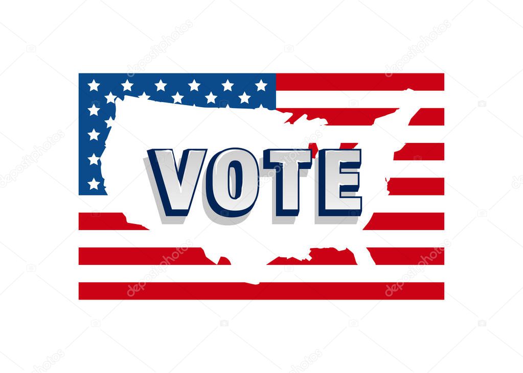 Vote 2020 in USA, banner design. American flag patriotic background election day. Usa debate of president voting. Election voting poster. Silhouette of USA country flag logo.