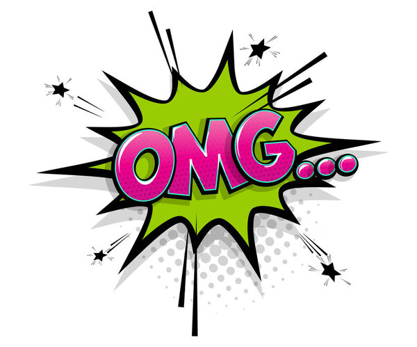 Comic text OMG on speech bubble cartoon pop art style. Colorful halftone speak bubble cloud background. Retro humor chat tag template. Comic text icon sticker.