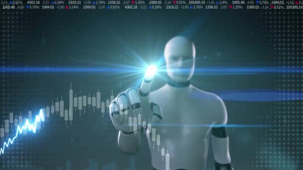 Robot Cyborgrobot Cyborg Touched Screen Various Animated Stock Market Charts — Stock Video