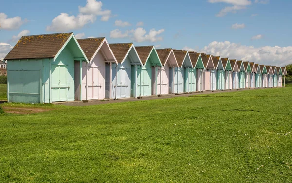 Row Multicoloured Beach Huts Green Seafront Southsea Portsmouth Hampshire England — Stock Photo, Image