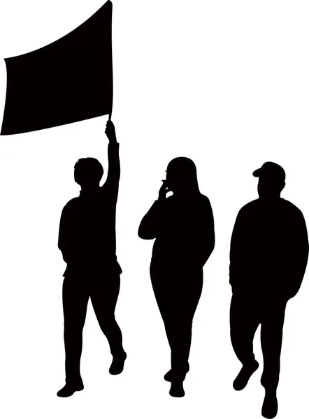 Tres Manifestantes Caminando Con Bandera Silueta Vector — Vector de stock