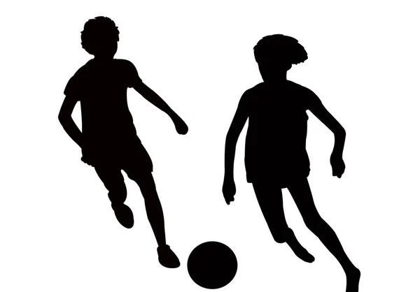 人の男の子がサッカーをして シルエット ベクトル — ストックベクタ