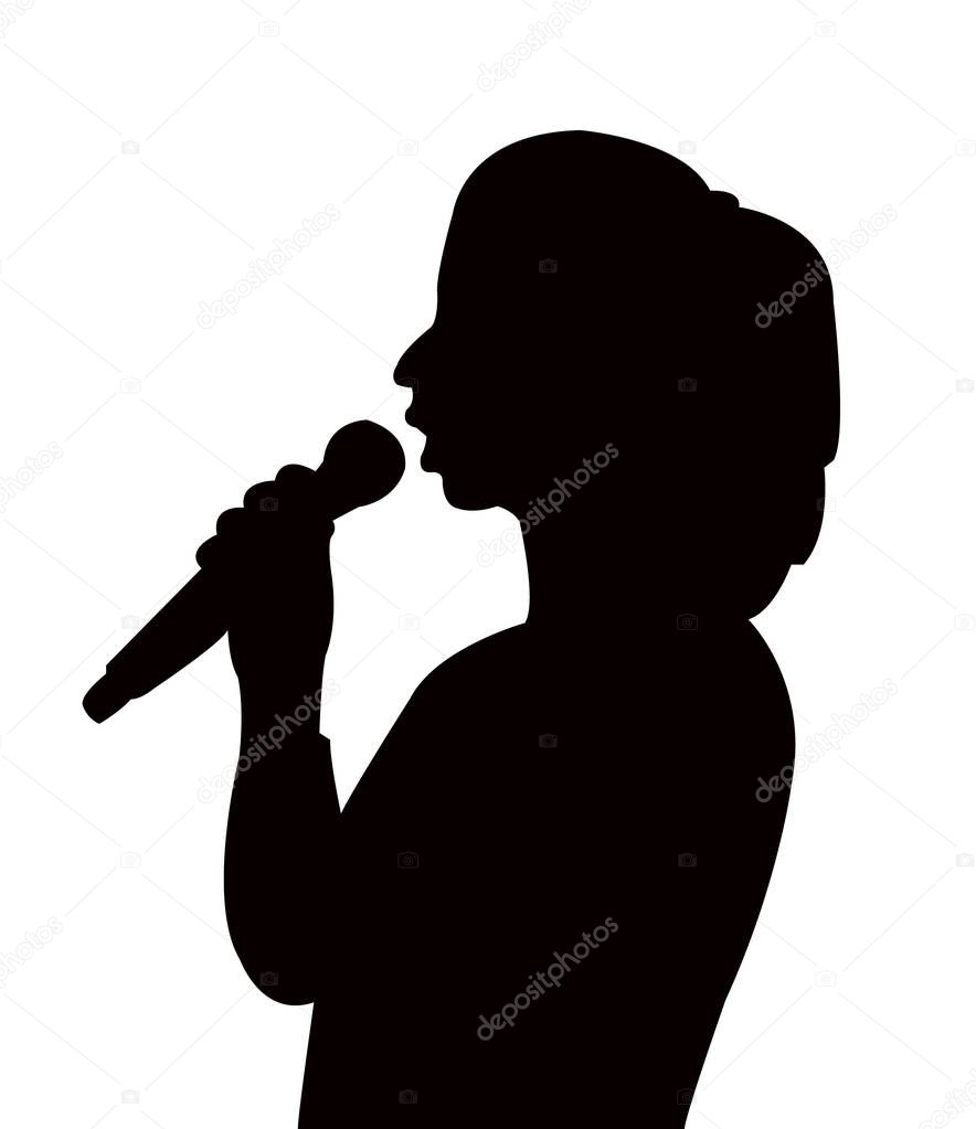 a woman speaking, using microphone, silhouette vector