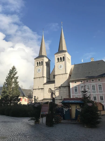 Stiftskirche Abbey Church Berchtesgaden Mercados Navideños Ferias Invierno Berchtesgaden Baviera — Foto de Stock