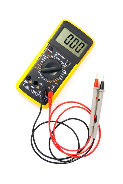 Digital multimeter with red and black probe, display indicating zero. Isolated on a white background with a clipping path.