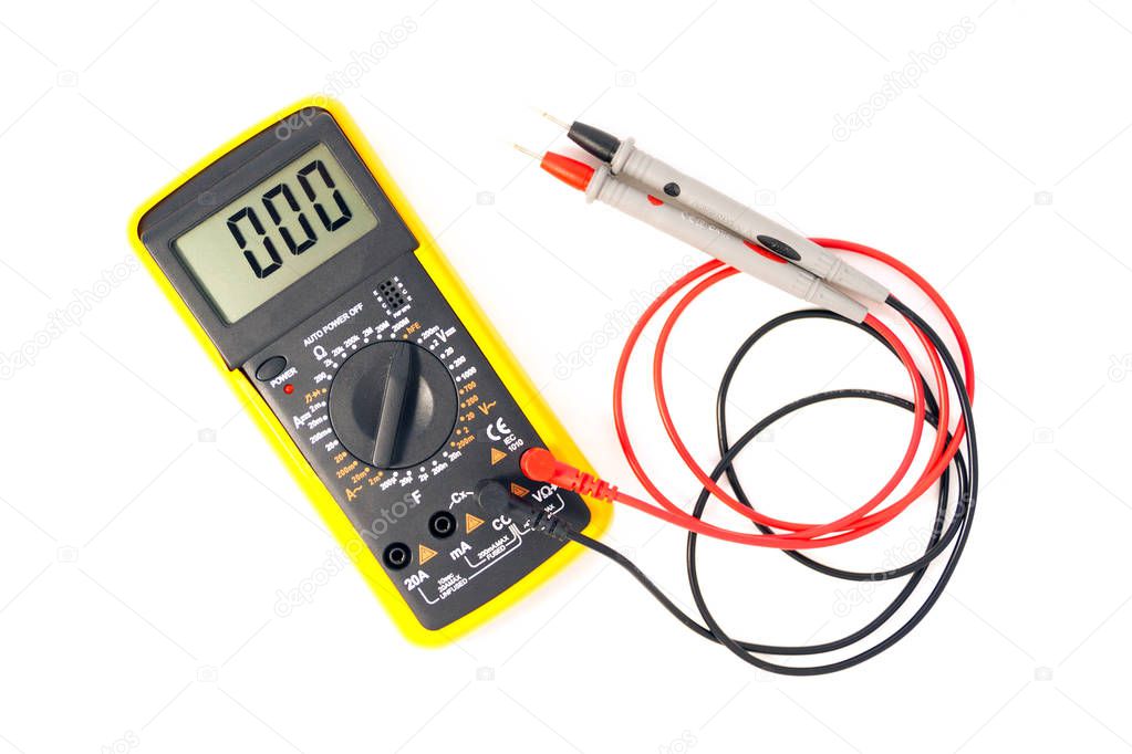 Digital multimeter with red and black probe, display indicating zero. Isolated on a white background with a clipping path.