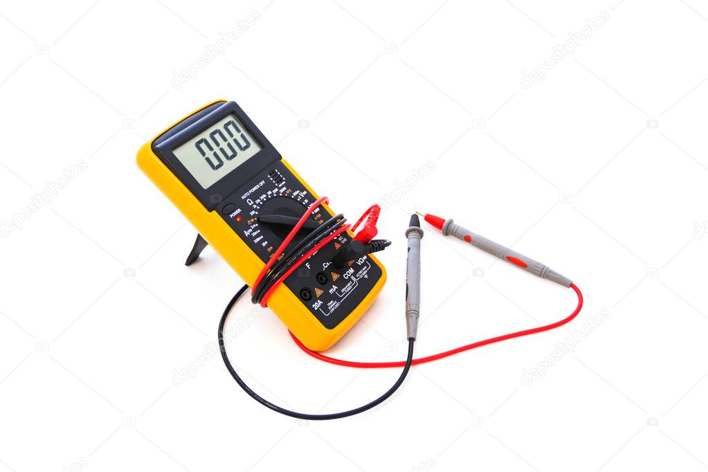 Digital multimeter with red and black probe, display indicating zero. Isolated on a white background with a clipping path. 