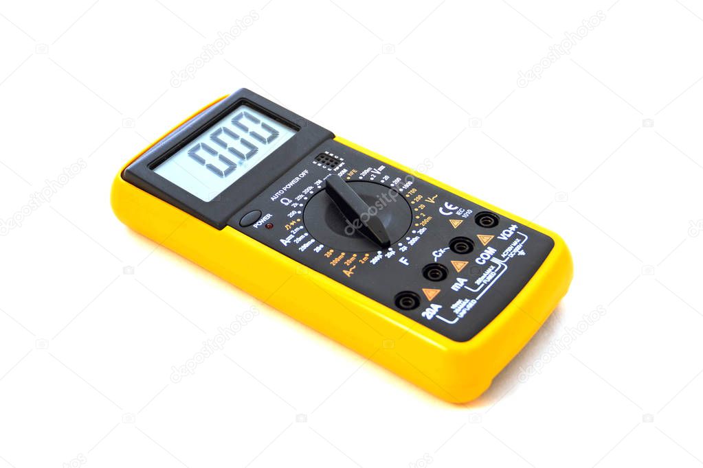 Digital multimeter without red and black probes, display indicating zero. Isolated on a white background with a clipping path. 