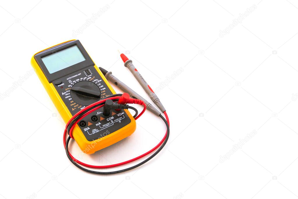 Digital multimeter with red and black probe, display turned off. Isolated on a white background with a clipping path. 