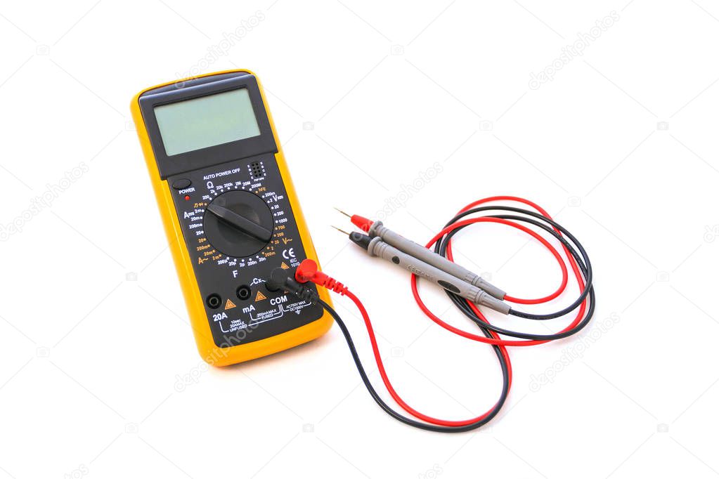 Digital multimeter with red and black probe, display turned off. Isolated on a white background with a clipping path. 