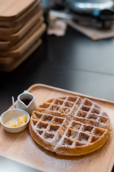 Ранковий Домашній Сніданок Вафельками Смачний — стокове фото