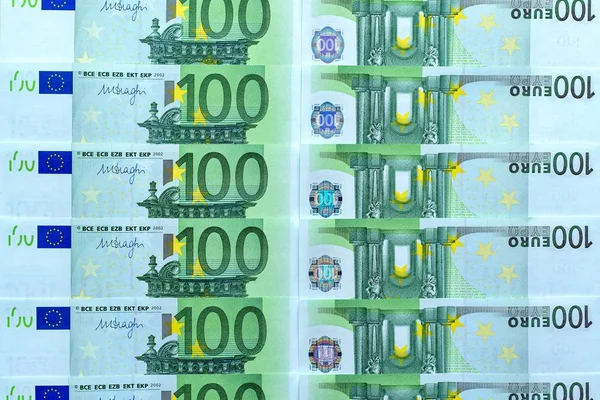 Collage Astratto Fondo Denaro Valuta Banconote Cento Euro Primo Piano — Foto Stock