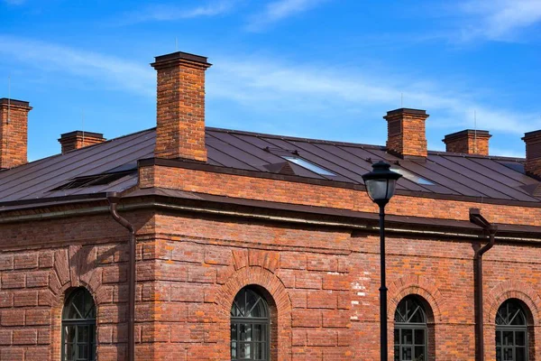 Large Fragment Brick Vintage House Building Blue Sky White Clouds — Stock Photo, Image