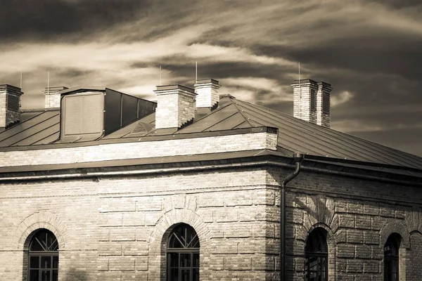 Most Part Brick Building Structure Night Storm Sky Photo Vintage — Stock Photo, Image