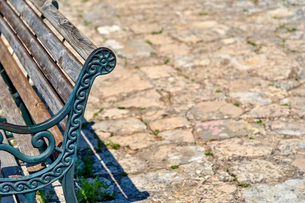 Part Fragment Old Ancient Bench Closeup Indistinct Background Stone Pavement — Stock Photo, Image