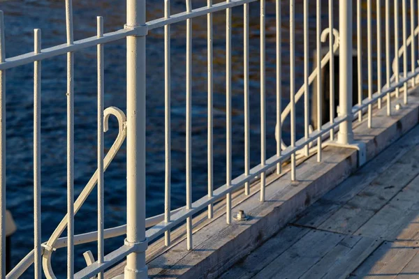 Part Fragment Iron Handrail Bridge Wooden Scaffold Closeup — Stock Photo, Image