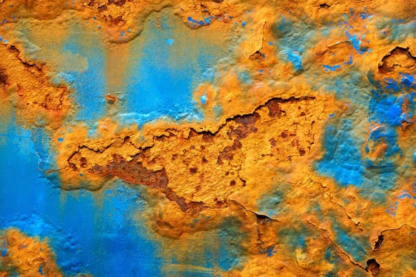 Soyut Sarı Kahverengi Paslı Doku Mavi Renkte Boyanmış Metal Yüzey — Stok fotoğraf