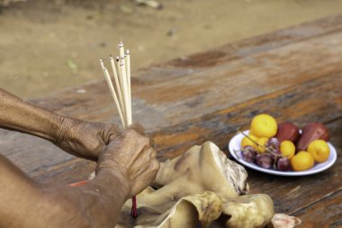 Taylandlıların ibadet için getirdiği domuz kafası ve haşlanmış tavuk.