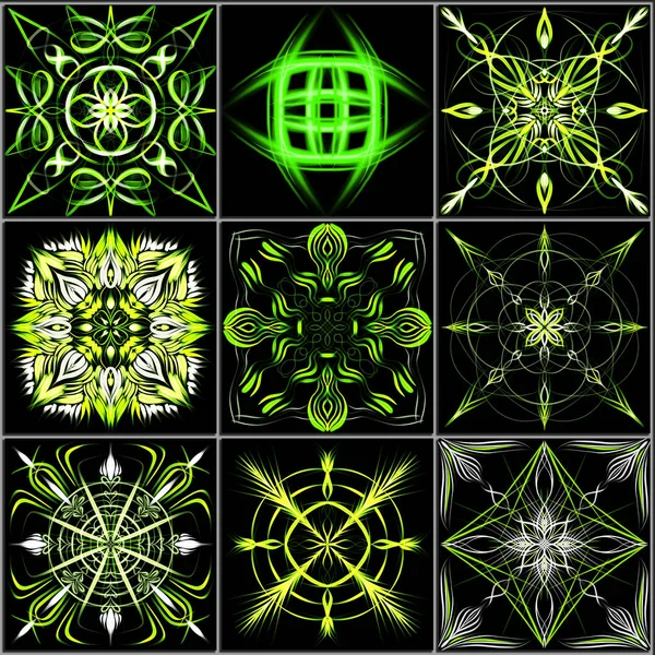 Set Luminoso Giallo Verde Creativo Neon Mandala Uno Sfondo Nero — Foto Stock