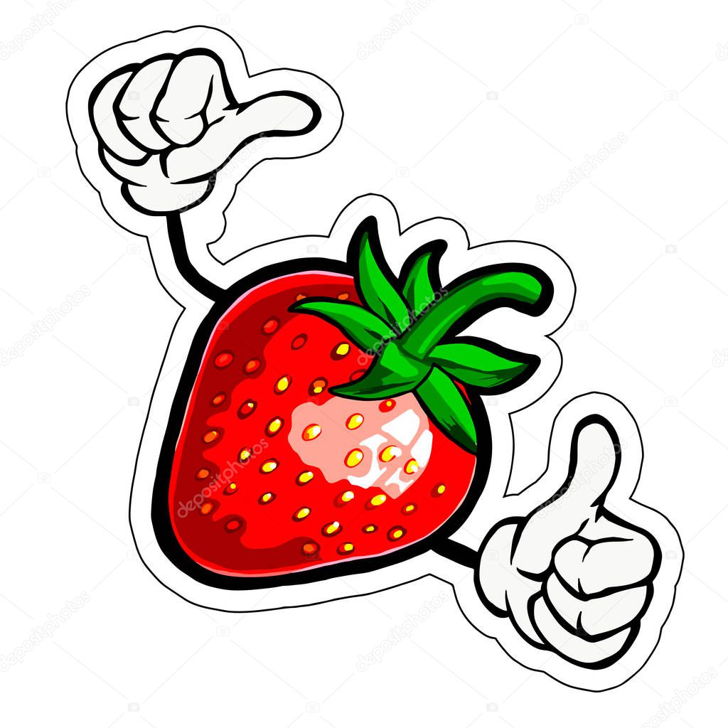 Cartoon illustration of a strawberry showing thumbs up